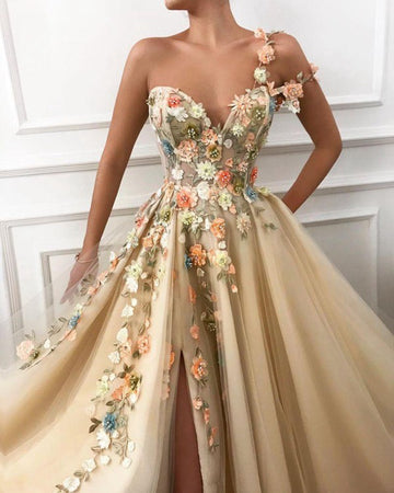 Champagne One Shoulder Front Slit Appliques Flowers Prom Dress JTE194