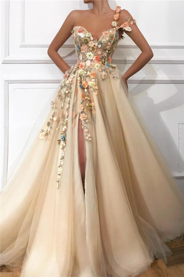 Champagne One Shoulder Front Slit Appliques Flowers Prom Dress JTE194