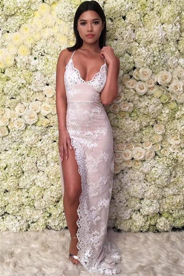 Sheath Spaghetti-Straps Lace Appliques Prom Dress JTE195