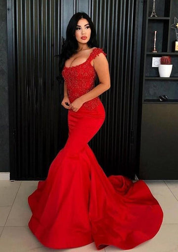 Red Mermaid Straps Long Lace Appliques Evening Gown JTE197