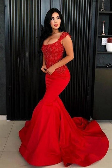 Red Mermaid Straps Long Lace Appliques Evening Gown JTE197