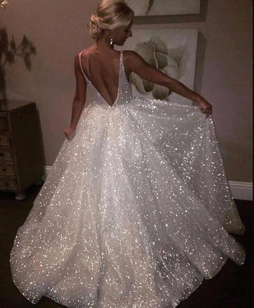 White Bling Open Back A-Line Shiny Prom Dress JTE198