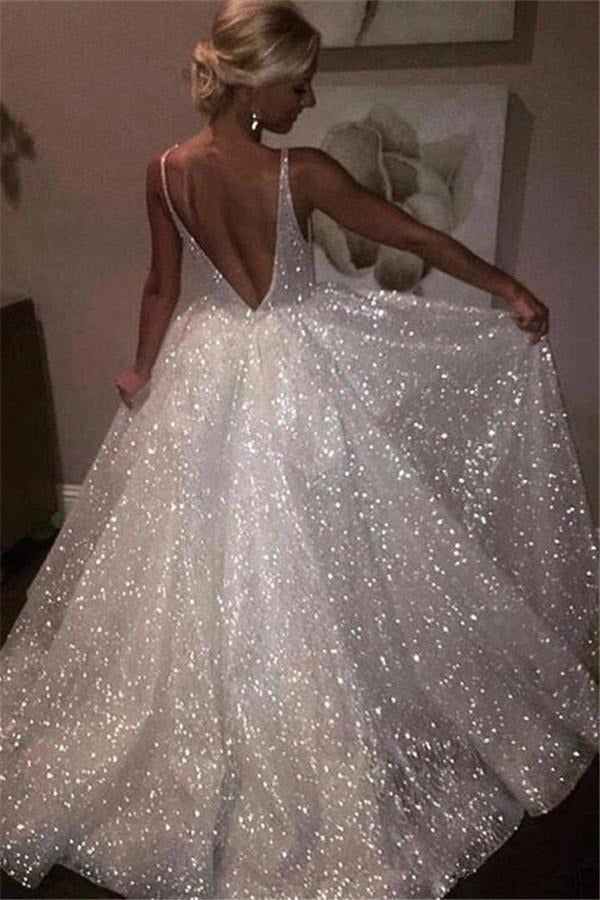White Bling Open Back A-Line Shiny Prom Dress JTE198