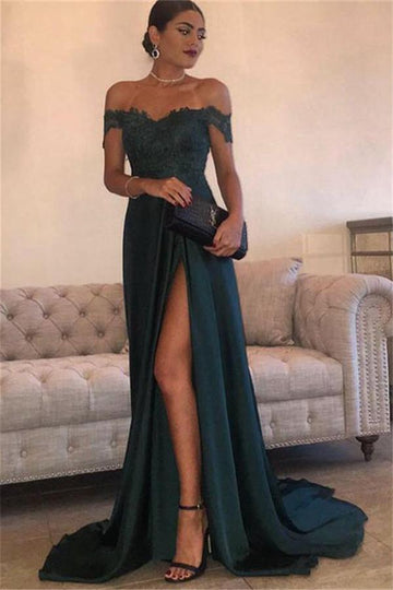 Dark Green Satin Off-The-Shoulder A-line Evening Dress JTE199