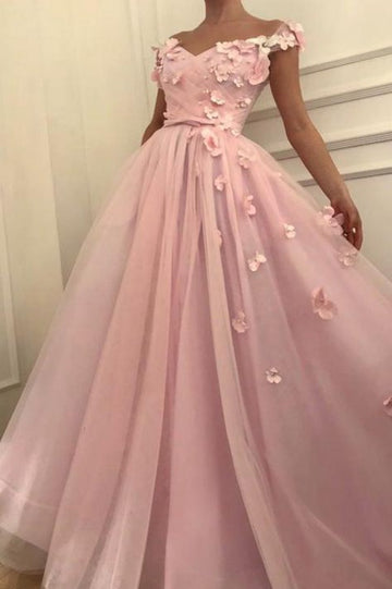 Pink Flowers A-Line Off-the-Shoulder Evening Dress JTE201