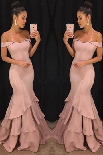 Off-the-Shoulder Mermaid Tiered Pink Ruffles Evening Dress JTE203