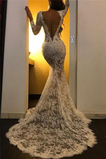 Lace Appliques White Long Sleeves Evening Gown JTE207