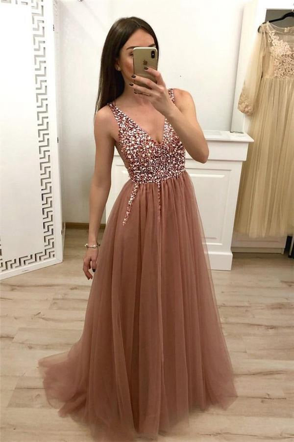 Pink V-neck Crystal Shining Prom Dress JTE208