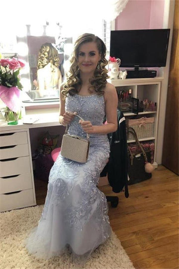 Light Blue Lace Applique Spaghetti Mermaid Evening Gowns JTE210