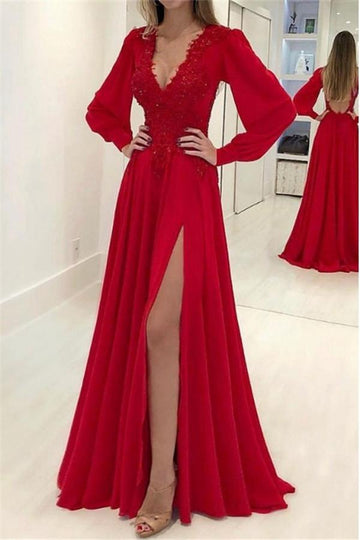 Long Sleeve Red V-neck Beading Sexy Evening Gowns JTE211