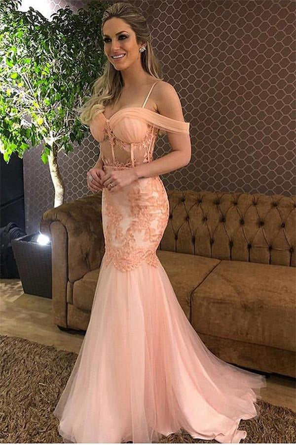 Pink Off-The-Shoulder Lace Applique Mermaid Evening Gowns JTE214