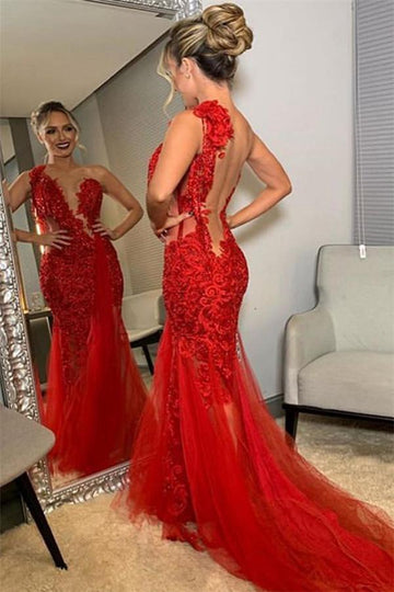 Red One-Shoulder Lace Applique Mermaid Evening Gowns JTE216