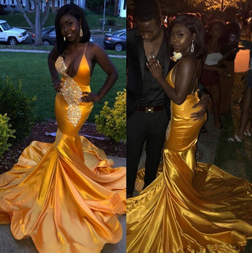 Yellow V-Neck Appliques Spaghetti Straps Mermaid Evening Gowns JTE217