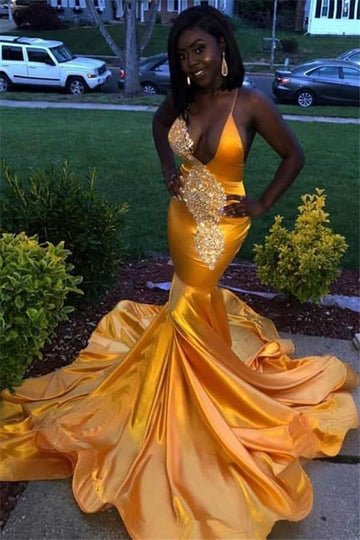 Yellow V-Neck Appliques Spaghetti Straps Mermaid Evening Gowns JTE217