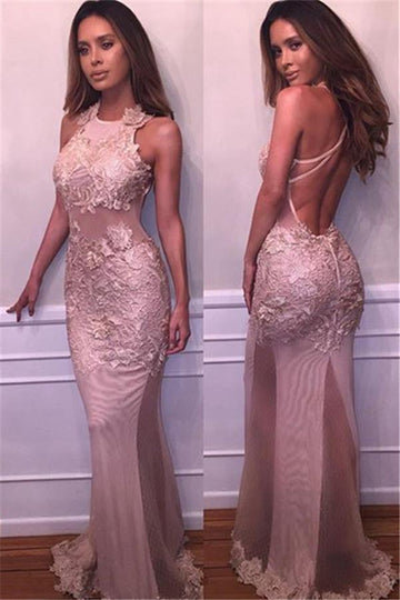 Pink Lace Appliques Mermaid Evening Gowns JTE220