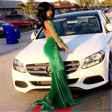 Green Long Sleeve Lace Appliques Split Mermaid Evening Gowns JTE221