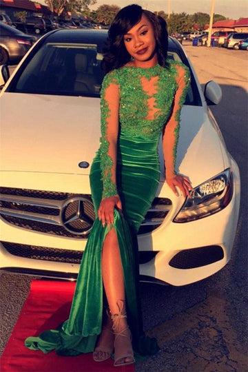 Green Long Sleeve Lace Appliques Split Mermaid Evening Gowns JTE221