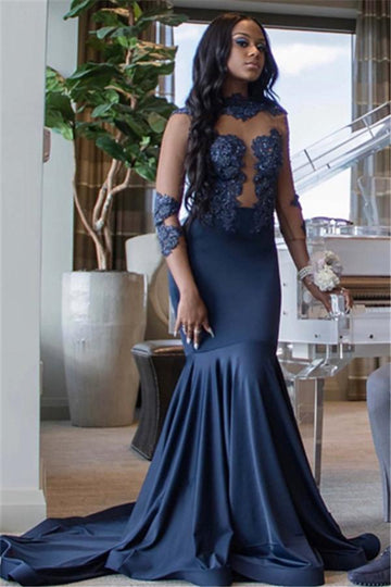 Black 3/4 Sleeves Appliques Mermaid Evening Gowns JTE222
