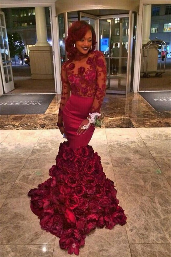 Burgundy Lace Long-Sleeves Flowers-Train Mermaid Evening Gowns JTE223
