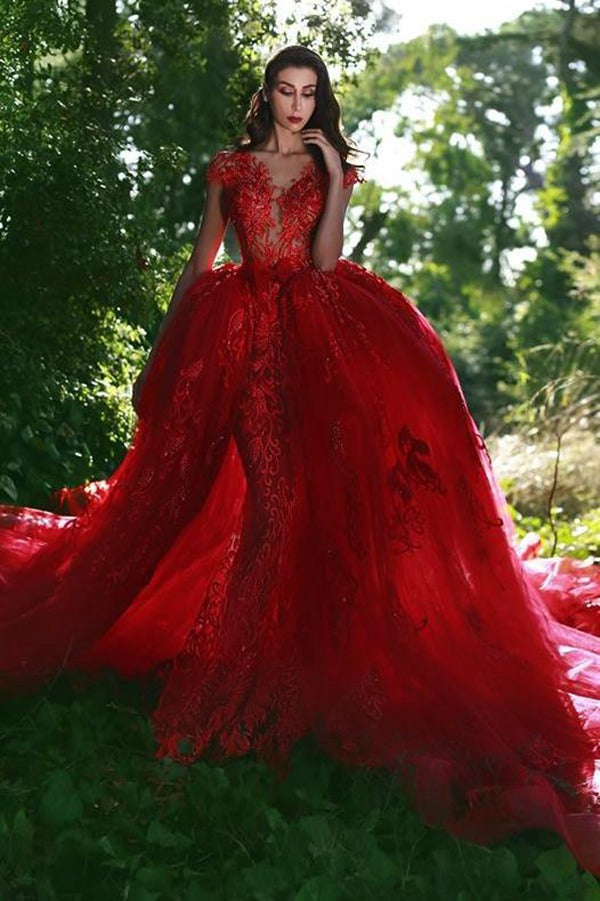 Red V-Neck Overskirt Lace Applique Prom Gowns JTE225