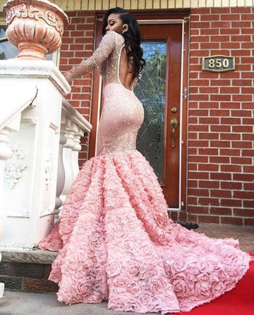 Pink Sheer Long Sleeves Mermaid Luxurious Evening Gowns JTE226