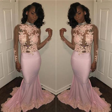 Pink High Neck Long Sleeve Mermaid Evening Gowns JTE227