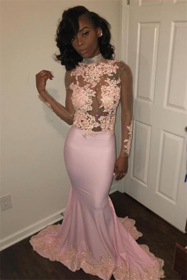 Pink High Neck Long Sleeve Mermaid Evening Gowns JTE227