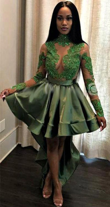 Dusty Gren Lace Long Sleeves Hi-lo Prom Dress JTE228