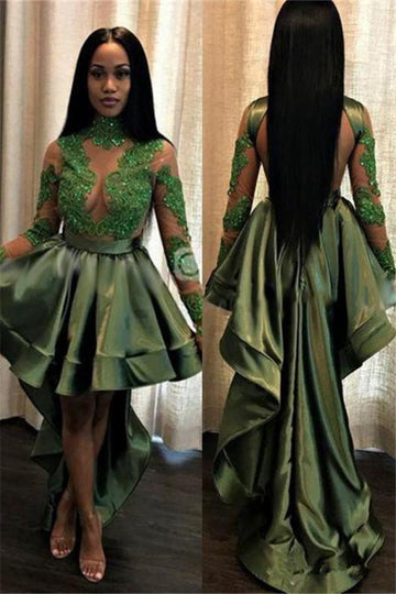 Dusty Gren Lace Long Sleeves Hi-lo Prom Dress JTE228