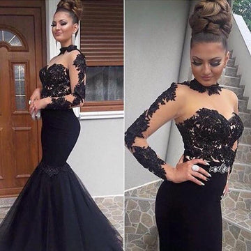 Black Lace Long Sleeves Mermaid Evening Dress JTE229
