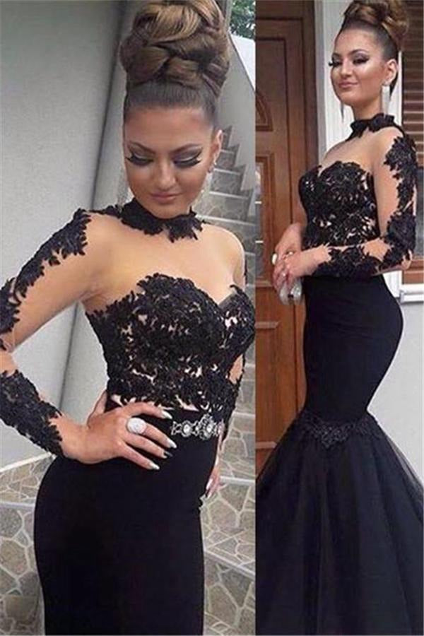 Black Lace Long Sleeves Mermaid Evening Dress JTE229