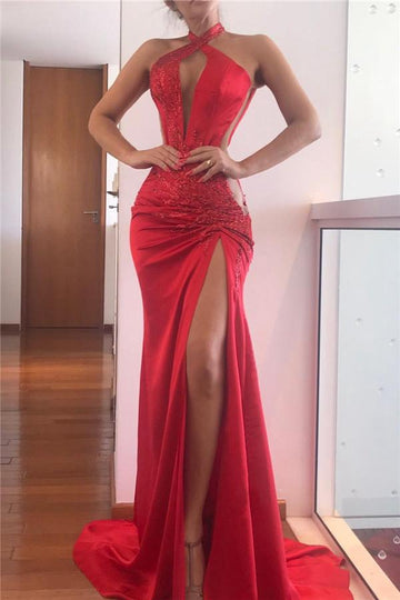 Sexy Red Split Front Halter Evening Gowns JTE230
