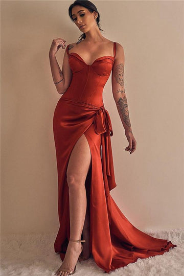 Trendy Orange Red A-line Sexy Side Slit Evening Gowns JTE232