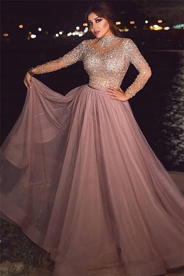 Trendy Pink Long Sleeve Beading A-line High-neck Prom Dress JTE233