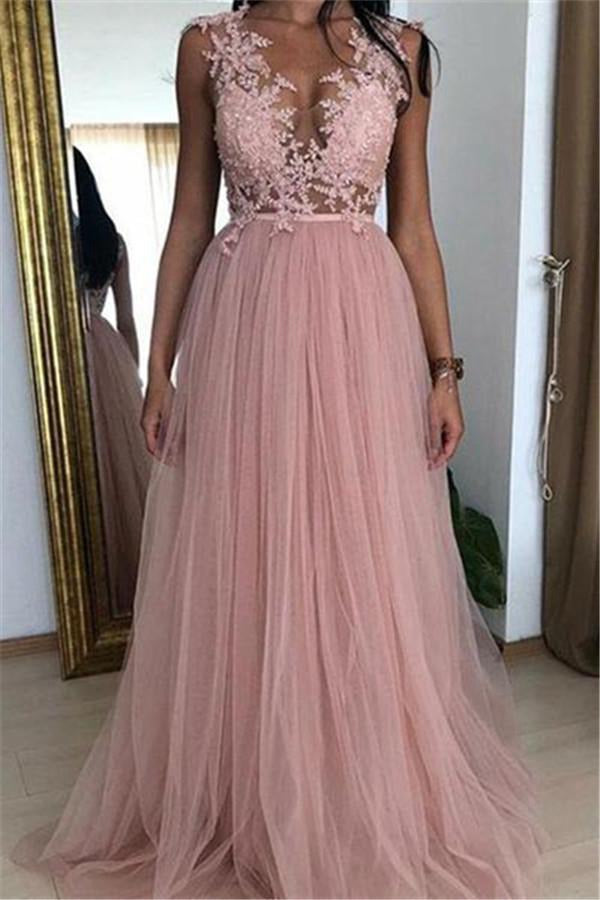 Pink A-line Tulle Applique Prom Dress JTE235