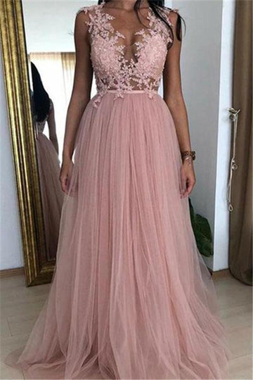 Pink A-line Tulle Applique Prom Dress JTE235