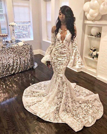White Trendy Lace Appliques Alluring Sheer Ruffles Evening Gowns JTE241