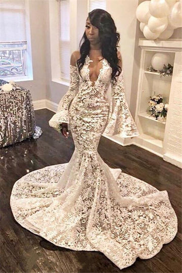 White Trendy Lace Appliques Alluring Sheer Ruffles Evening Gowns JTE241