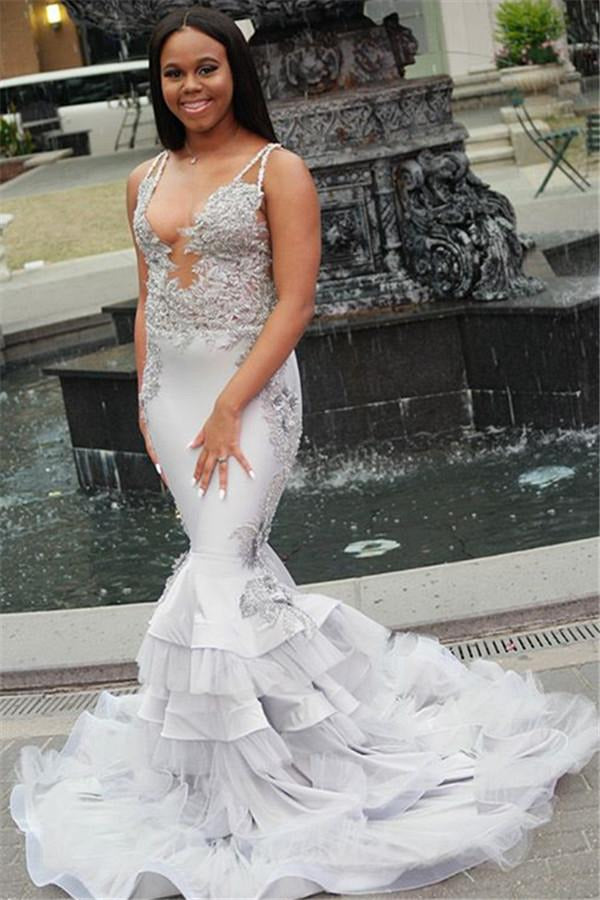 Trendy Silver V-neck Lace Beading Mermaid Evening Gowns JTE242