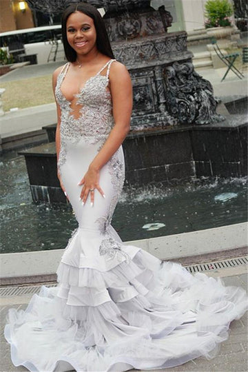 Trendy Silver V-neck Lace Beading Mermaid Evening Gowns JTE242