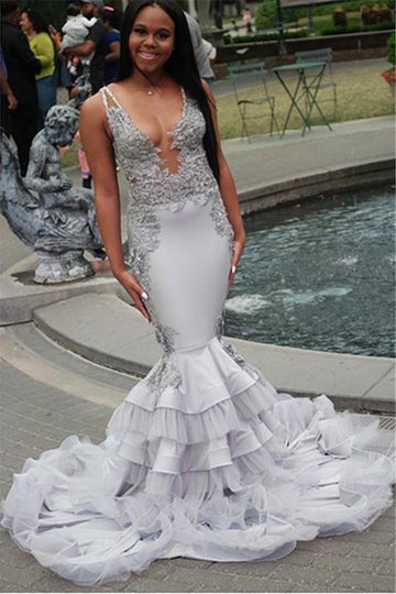 Trendy Silver V-neck Lace Beading Mermaid Evening Gowns JTE242