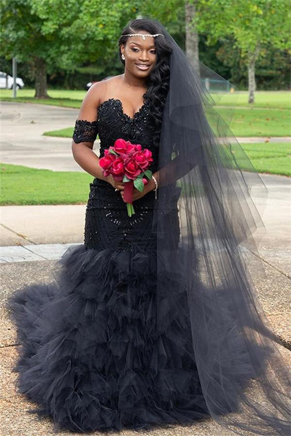 Trendy Plus Size Black Off-the-Shoulder Fit Flare Ruffles Mermaid Even
