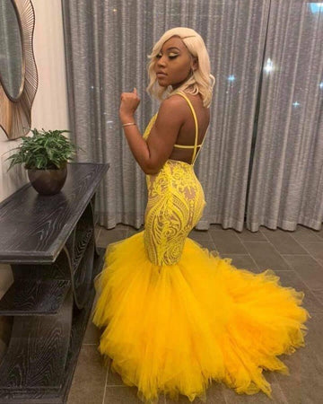 Trendy Plus Size Yellow Lace Mermaid Evening Gowns JTE246