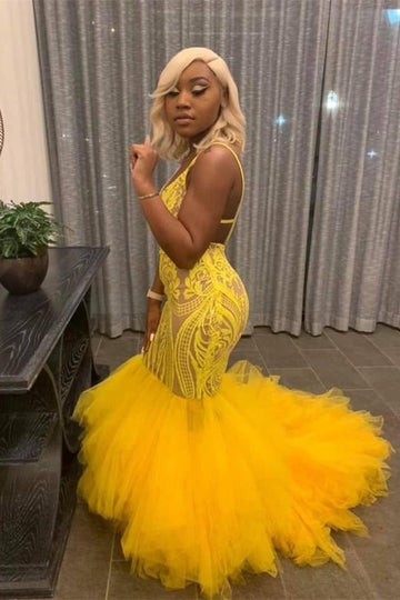 Trendy Plus Size Yellow Lace Mermaid Evening Gowns JTE246