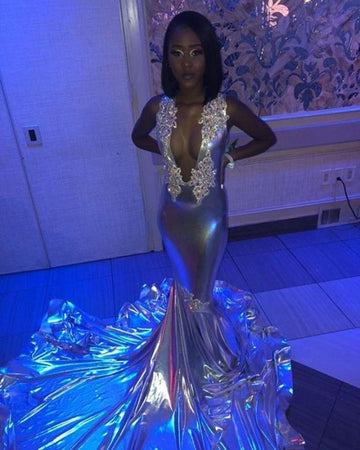 Deep V-neck Appliques Court Train Mermaid Prom Dress JTE250