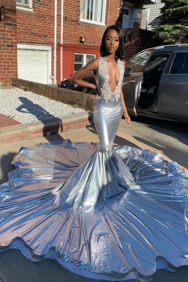 Deep V-neck Appliques Court Train Mermaid Prom Dress JTE250