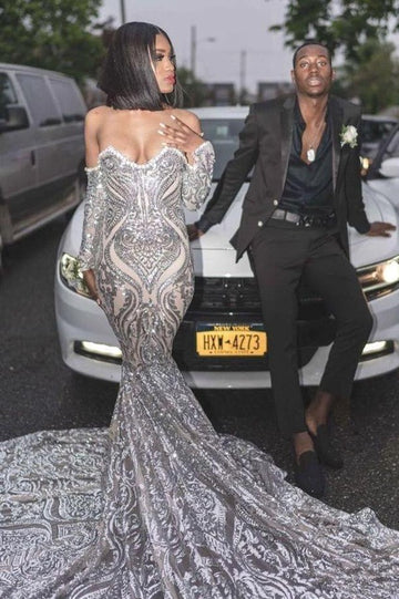 Trendy Long Sleeves Sweetheart Silver Mermaid Evening Gowns JTE254