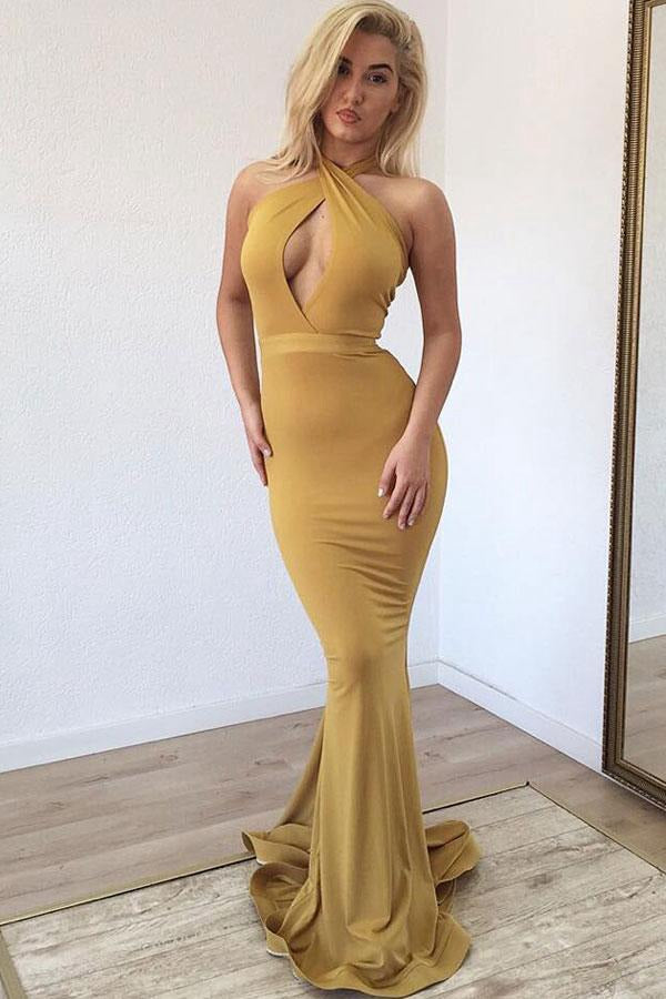 Dusty Yellow Halter Keyhole Mermaid Evening Gowns JTE259