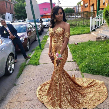 Trendy Gold Off-the-Shoulder Mermaid Evening Gowns JTE263