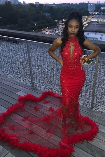 Red Halter Beading Illusion Appliques Mermaid Evening Gowns JTE267